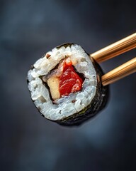 Wall Mural - Closeup Shot of Delicious Sushi Roll with Salmon and Creamy Filling, Held by Wooden Chopsticks Against a Dark Background