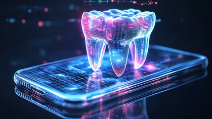 Poster - A digital tooth model displayed on a smartphone, representing dental technology.