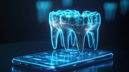 Poster - A holographic tooth structure displayed above a smartphone interface.