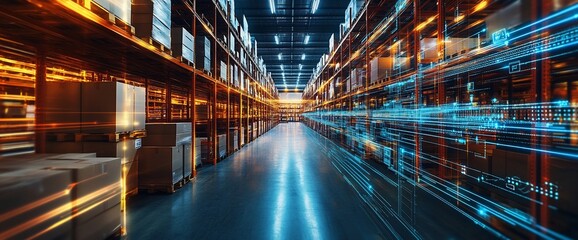 Poster - A modern warehouse interior with shelves of boxes and digital overlays.