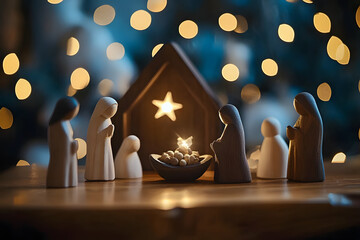 Wall Mural - nativity scene with wooden figurines and starry night background