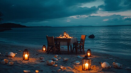 Aufkleber - A romantic beach dinner setup with lanterns and seashells at twilight.