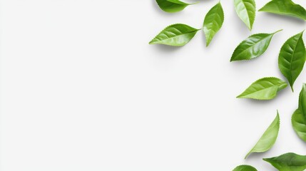 Aufkleber - Fresh green leaves arranged on a white background for a clean, natural aesthetic.