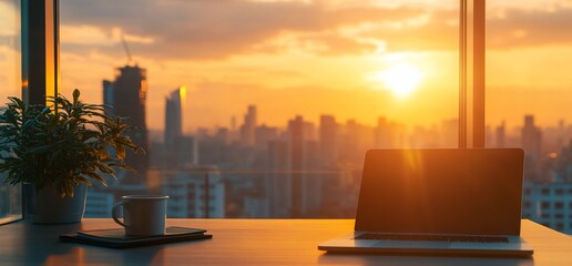 Poster - A serene workspace with a laptop and coffee, overlooking a sunset cityscape.