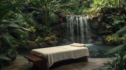 Poster - A serene spa setting with a massage table beside a waterfall.