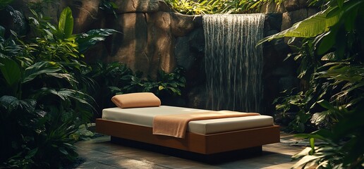 Poster - A serene massage bed surrounded by lush greenery and a waterfall.