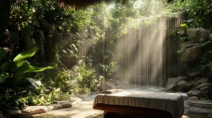 Poster - A serene spa setting with a massage table near a tranquil waterfall.