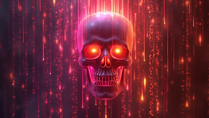 A Skull depicted in Digital Rain Luminosity where cascading data streams create vertical lens flare effects Matrix-like light patterns in Neon Pink and Bright Orange form technological waterfalls of l