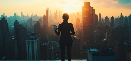 Poster - A silhouette of a person holding a phone against a city skyline at sunset.