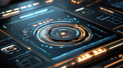 Aufkleber - Futuristic digital interface with circular design and glowing elements.