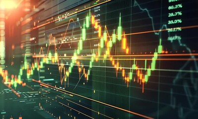 Poster - Stock market, stock prices, financial instruments, in the style of light navy and dark amber, abstract compositions, social network analysis, nocturne, mosscore, screen format, 


