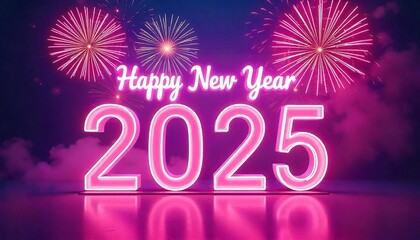 Poster - 2025 Happy New YearA purple background with the text Happy New Year 2025 displayed in large white numbers, against colorful fireworks, a festive and celebratory atmosphere, created with generative ai