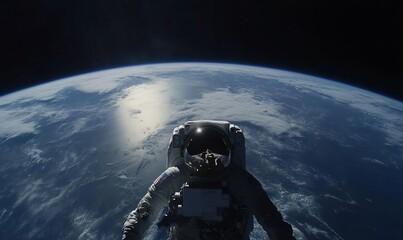 Poster - Astronaut floating in space above Earth, showcasing the planet's curvature.