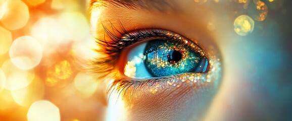 Poster - Close-up of a vibrant blue eye with sparkling effects and bokeh background.