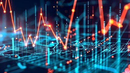 Poster - A vibrant blue and red background filled with intersecting lines and scattered dots, A scatter plot showing the correlation between market volatility and trade volume