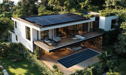 Poster - Modern eco-friendly house with solar panels and outdoor living space.