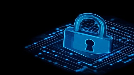 Poster - Cyber security concept glowing blue padlock on digital circuit board.