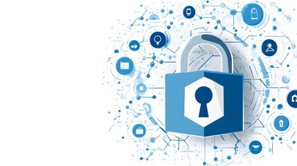 Poster - Cyber security concept with padlock and network icons.