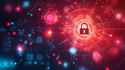 Poster - Cybersecurity, digital lock, data protection, network security, red and blue abstract background.