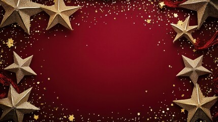 Elegant Christmas card design with a rich red background, glittering gold stars around the edges, and space for text in the middle.