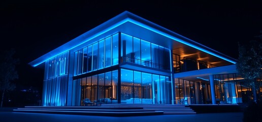 Poster - Modern house illuminated in blue light at night, showcasing sleek architecture.