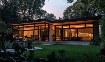 Poster - Modern home with large windows, illuminated in evening light.