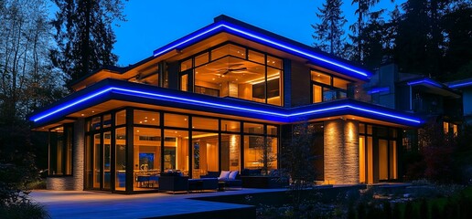 Aufkleber - Modern house illuminated at dusk with blue LED lights.