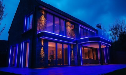 Poster - Modern house illuminated with blue LED lights at dusk.