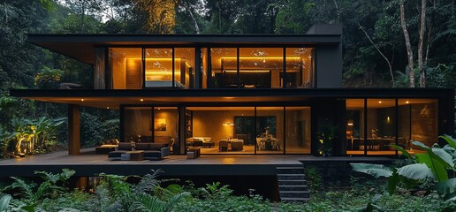 Poster - Modern house nestled in a lush forest, illuminated by warm lights.