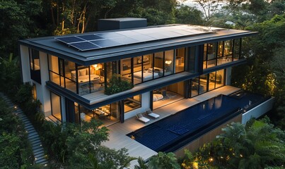 Poster - Modern house with solar panels and pool, surrounded by lush greenery.