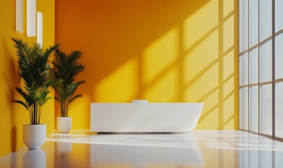 Poster - Modern interior design with a bright yellow wall and minimalist decor.