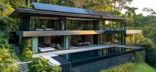 Poster - Modern house with solar panels and a pool, surrounded by lush greenery.