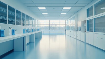 Poster - Modern laboratory interior with equipment and large windows for natural light.