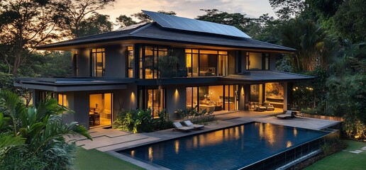 Poster - Modern house with a pool surrounded by lush greenery at sunset.