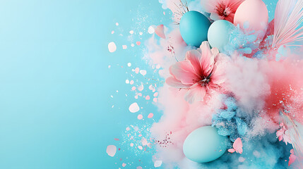 Poster - A vibrant arrangement of pastel-colored eggs and flowers on a blue background, evoking a festive and cheerful spring atmosphere
