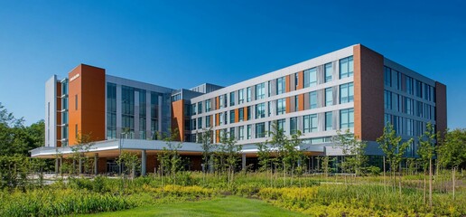 Poster - Modern multi-story building with landscaped surroundings and clear blue sky.