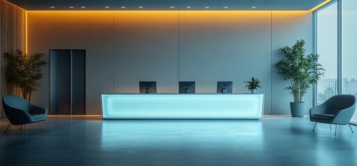 Poster - Modern office reception area with sleek design and ambient lighting.