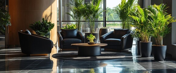 Poster - Modern lounge area with leather seating and vibrant indoor plants.