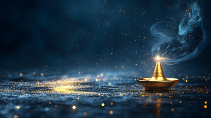 Aufkleber - A golden lamp emits light and smoke against a dark, sparkly background, creating a mystical atmosphere