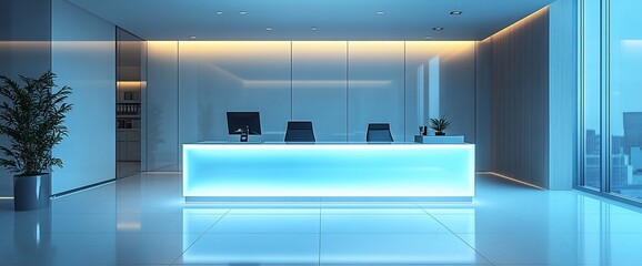 Poster - Modern reception area with glowing desk and minimalist design.