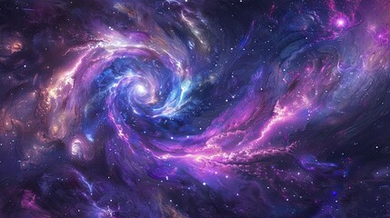 Wall Mural - Galactic spiral with glowing stars and purple and blue cosmic clouds in deep space.