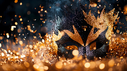 Poster - A shimmering mask adorned with golden accents, surrounded by sparkling particles, evokes a sense of mystery and celebration