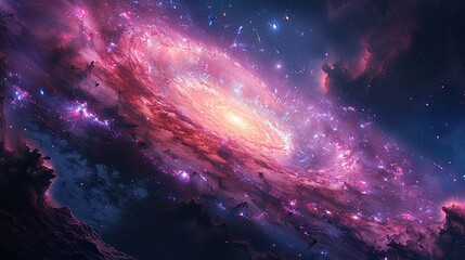 vivid pink galaxy with radiant stars surrounded by deep purple and blue cosmic space.