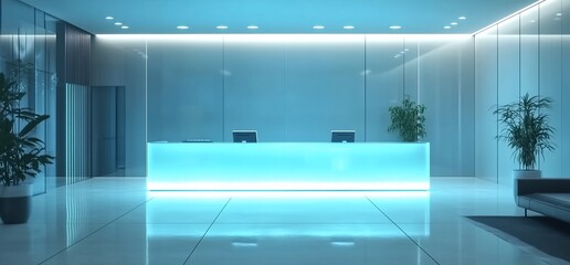 Poster - Modern reception area with illuminated desk and plants.