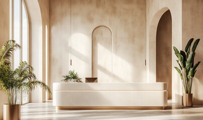 Poster - Modern reception area with elegant design and greenery.