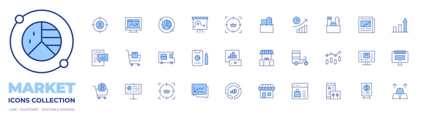 Poster - Market icons collection. Line Duotone style, editable stroke. analysis, cart, customer, store, market analysis, stocks, shopping cart, analytics, food truck, report, market