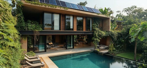 Poster - Modern villa with a pool, surrounded by lush greenery and solar panels.