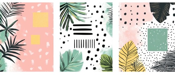 Wall Mural - Abstract Botanical Backgrounds Featuring Tropical Leaves and Geometric Patterns