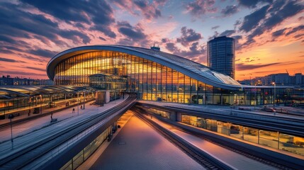 Aufkleber - Modern train station with striking architecture and sunset backdrop.