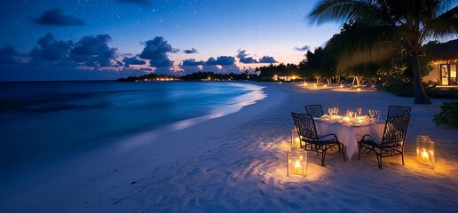 Aufkleber - Romantic beach dinner setting with candles and ocean view at twilight.